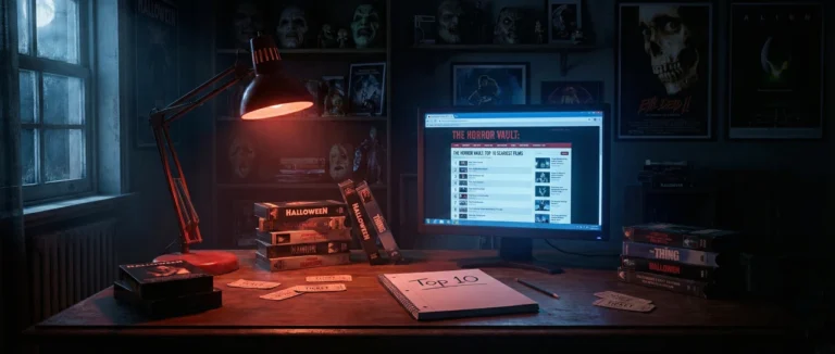 A moody, dimly lit workspace filled with horror movie VHS tapes and a computer screen displaying a ranked list, representing the passion behind Ranking Horror.