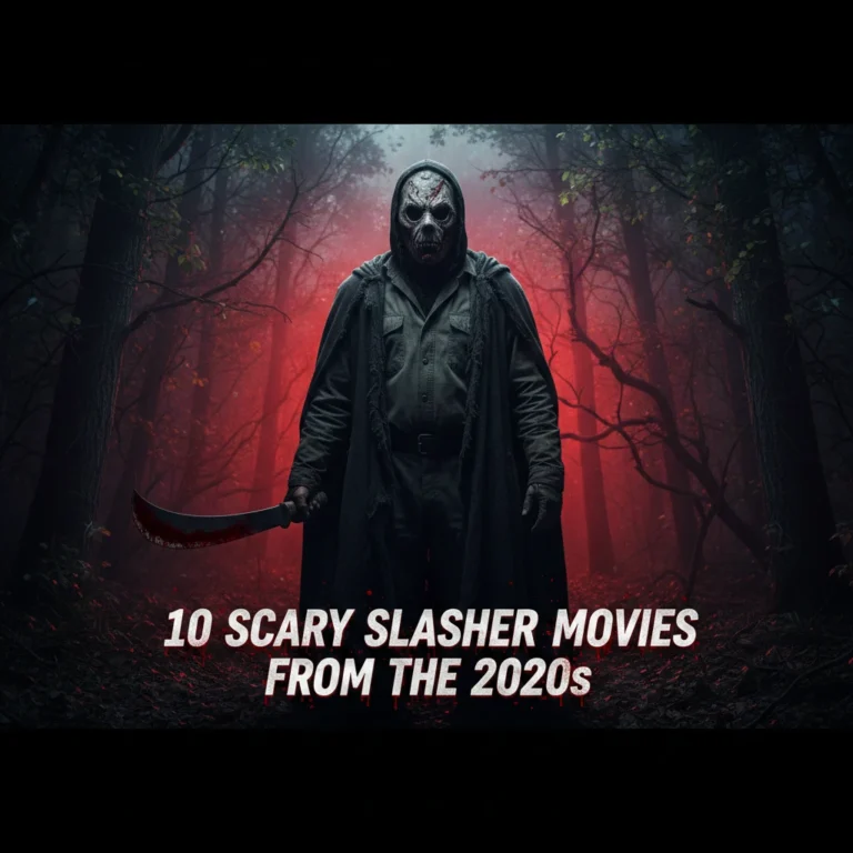 A wide, cinematic shot of a menacing figure in a dark hooded cloak and a skull-like mask, standing in a dense, fog-filled forest at night. The figure holds a curved, blood-stained machete. A vibrant red light glows intensely from behind the trees, silhouetting the figure against the dark woods. Centred at the bottom is the title "10 SCARY SLASHER MOVIES FROM THE 2020s" in a bold, metallic white font with realistic red blood splatters.