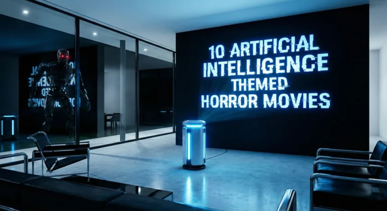 A sleek, futuristic living room at night, bathed in the cold, pulsing blue glow of a central AI hub. On a large black wall, the title "10 ARTIFICIAL INTELLIGENCE THEMED HORROR MOVIES" is projected in a bright blue digital glitch font. Outside the large floor-to-ceiling windows, a menacing robotic silhouette with glowing red eyes lurks in the darkness, its reflection visible on the glass.