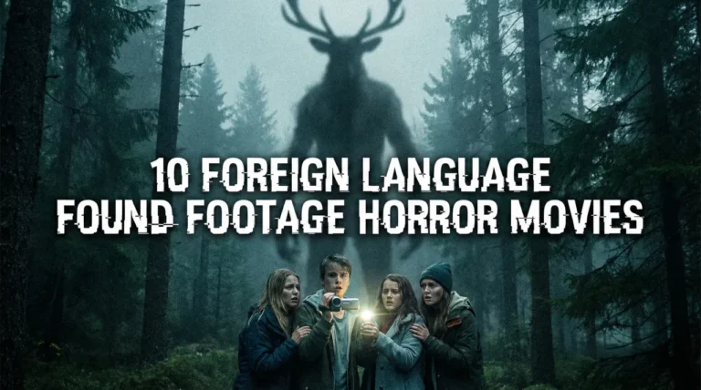 A dark, cinematic horror banner set in a misty forest at dusk. A group of four terrified young adults huddle together, holding a camcorder with its light shining towards a massive, shadowy, antlered figure looming in the background mist. The title "10 FOREIGN LANGUAGE FOUND FOOTAGE HORROR MOVIES" is centered in a glitchy, distressed white font, evoking a folk-horror and found-footage aesthetic.
