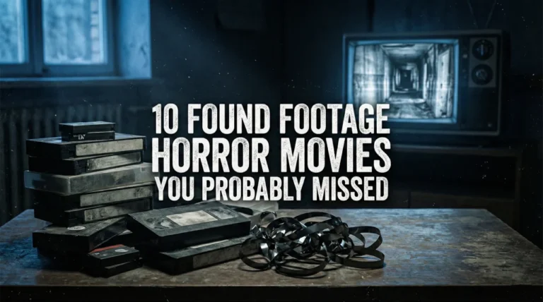 A cinematic, 16:9 horror banner featuring a stack of dusty, unmarked VHS and MiniDV cassettes piled on a grimy wooden table. In the foreground, black magnetic film from one of the tapes lies tangled and unspooled. In the background, a single television screen flickers with a grainy, distorted shot of a dark hallway. The title "10 FOUND FOOTAGE HORROR MOVIES YOU PROBABLY MISSED" is centred in a bold, weathered white font.