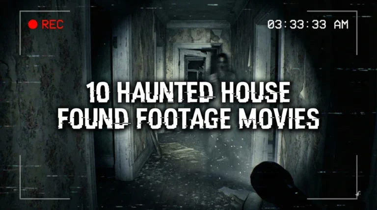 A grainy, first-person POV horror banner from the perspective of a handheld camcorder in a dark, derelict Victorian hallway. A weak flashlight beam illuminates peeling floral wallpaper and dust motes, while a blurred, spectral figure stands menacingly at the far end of the corridor. The screen features a digital 'REC' overlay and a timestamp reading '03:33:33 AM'. The title "10 HAUNTED HOUSE FOUND FOOTAGE MOVIES" is centred in a distressed, glitchy white font that mimics corrupted video data.