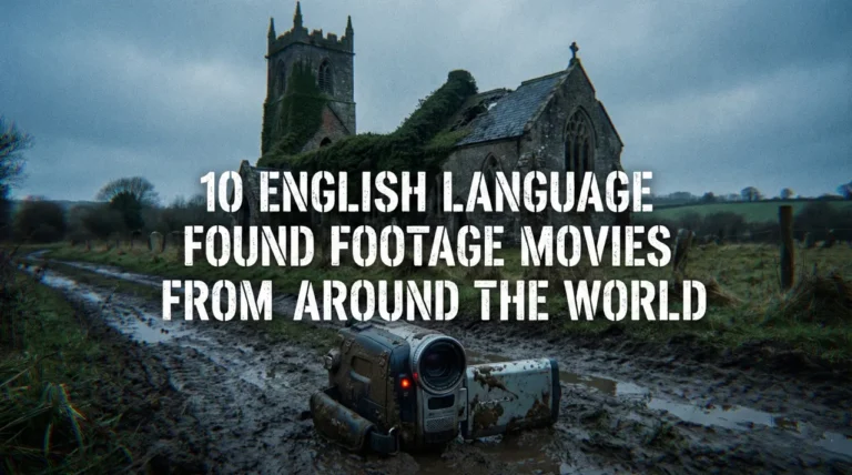 A gritty, 16:9 horror banner featuring an abandoned, ivy-covered stone church in a bleak British landscape under a heavy, overcast sky. In the muddy foreground, a battered digital camcorder lies discarded with its red recording light still blinking. The title "10 ENGLISH LANGUAGE FOUND FOOTAGE MOVIES FROM AROUND THE WORLD" is centered in a distressed, industrial white stencil-style font.