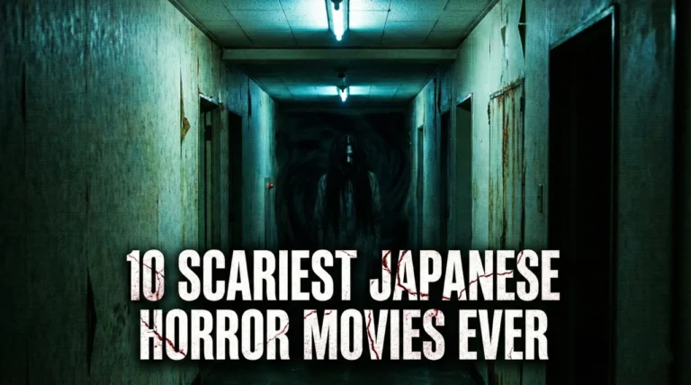 A chilling, 16:9 horror banner set in a derelict Japanese apartment corridor with peeling, stained wallpaper. Flickering fluorescent ceiling lights cast a sickly green glow over the hallway, where a pale, distorted figure with long, matted black hair stands in the deep shadows at the far end. The title "10 SCARIEST JAPANESE HORROR MOVIES EVER" is prominently displayed across the bottom in a bold, weathered white font with subtle cracks and blood textures. The image has a grainy, low-fidelity VHS finish that heightens the sense of authentic J-horror dread.