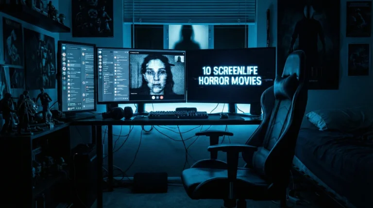 A cinematic, 16:9 wide shot of a darkened bedroom desk, illuminated by the cold blue light of a dual-monitor setup. On the screens, various chat applications are open alongside a grainy, distorted video call. The title "10 SCREENLIFE HORROR MOVIES" is displayed in a bold, white digital glitch font. In the background, a dark, blurry silhouette is visible through the window, watching the empty gaming chair.