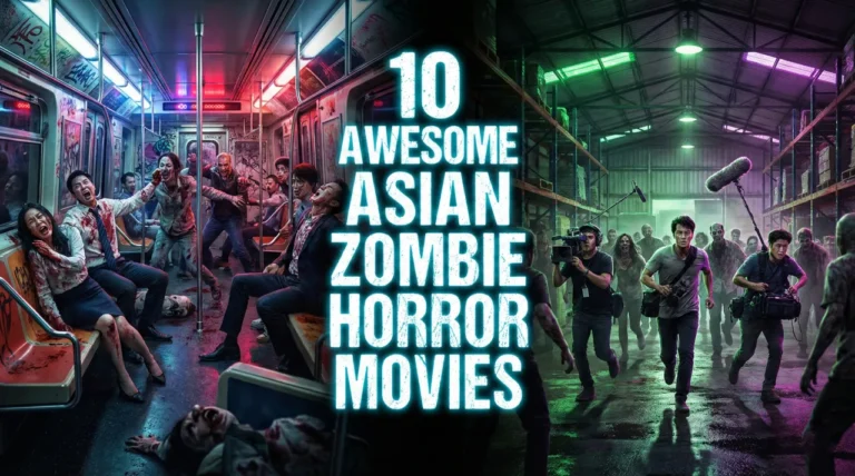 A split-panel promotional graphic featuring the bold, neon-blue outlined title "10 AWESOME ASIAN ZOMBIE HORROR MOVIES" centered against a dark background. The left panel depicts a violent, chaotic zombie outbreak inside a graffiti-covered subway car lit by red neon lights. The right panel shows a terrified film crew carrying equipment, running through a dimly lit industrial warehouse while being pursued by a horde of undead figures under green and purple lights.