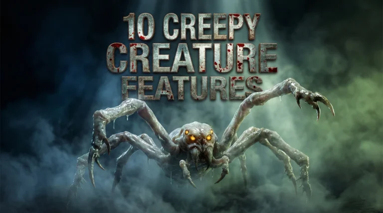 A cinematic horror banner featuring the distressed, metallic title "10 CREEPY CREATURE FEATURES" with subtle blood-splatter textures. In the centre, a grotesque, multi-limbed creature with pale, slimy skin and glowing amber eyes emerges from a dense, swirling mist. The scene is bathed in high-contrast volumetric lighting with a dark palette of deep blues and sickly greens, emphasizing the sharp claws and visceral detail of the monster.
