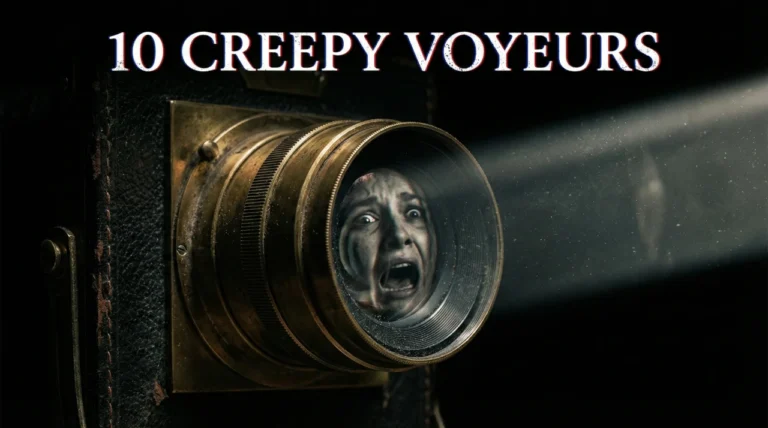 A cinematic close-up of an aged, vintage brass camera lens set against a dark background. A single beam of dusty light illuminates the front of the lens, revealing a terrified, screaming face reflected in the glass optic. The title "10 CREEPY VOYEURS" is displayed at the top in a distressed white font with a red and blue chromatic aberration effect.