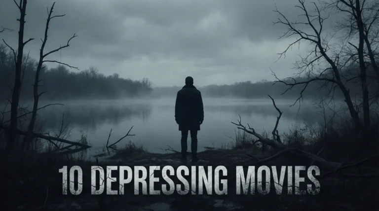 A lone man in a dark coat stands with his back to the viewer at the edge of a still, misty lake under a heavy, grey sky. The title "10 DEPRESSING MOVIES" is displayed in cracked, white text across the bottom of the somber landscape, framed by bare, gnarled trees.