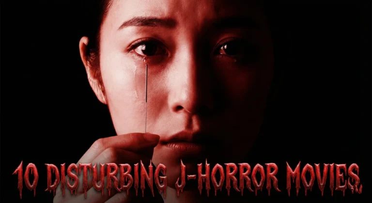 A visceral, 16:9 horror movie banner featuring an extreme close-up of a Japanese woman's face bathed in harsh, deep red lighting against a pitch-black background. She holds a long, thin acupuncture needle terrifyingly close to her open eye, with a single tear glistening on her cheek. The title "10 DISTURBING J-HORROR MOVIES" is displayed across the bottom in a sharp, metallic font that appears to be dripping with blood, perfectly capturing the high-tension, psychological dread of the genre.