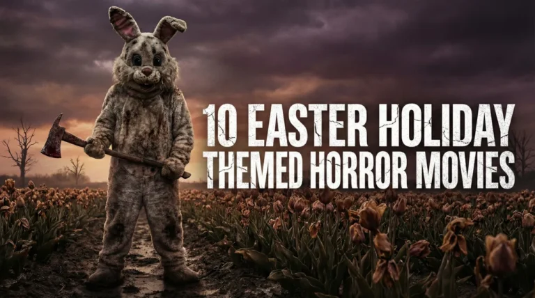 A horror movie banner featuring the distressed white title "10 EASTER HOLIDAY THEMED HORROR MOVIES" centered against a dark, cloudy sky. A man in a grimy, tattered bunny suit holds a rusty axe, standing in a field of dead, wilted tulips.