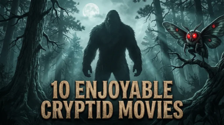 A dark, cinematic banner for a movie list. In the center, a massive, silhouetted Bigfoot stands in a misty forest under a full moon. To the right, a Mothman creature with large, glowing red eyes perches on a tree branch. The title "10 ENJOYABLE CRYPTID MOVIES" is rendered in a bold, textured wood font below the figures. The overall tone is eerie and atmospheric.