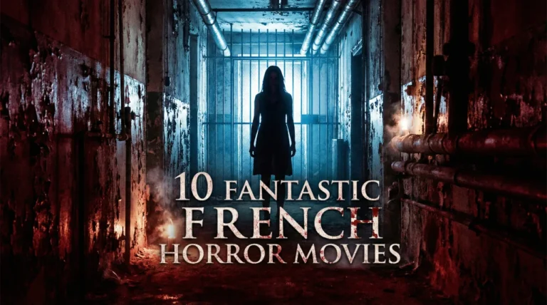 A cinematic and gritty horror movie banner set in a decaying, industrial corridor with peeling paint and exposed piping. In the distance, a woman's dark silhouette stands at the end of the hallway, backlit by a harsh, cold blue light. The foreground is drenched in deep, blood-red shadows, creating a high-contrast and visceral atmosphere. Centered in the lower half, the title "10 FANTASTIC FRENCH HORROR MOVIES" is written in an elegant yet distressed white typeface.
