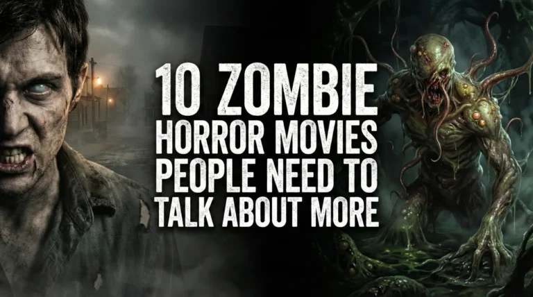 A cinematic, high-contrast split-screen banner featuring the white, distressed title "10 ZOMBIE HORROR MOVIES PEOPLE NEED TO TALK ABOUT MORE" centered. The left half shows a gritty, close-up of a man with milky-white eyes and a snarl, set against a dark, foggy residential street. The right half depicts a visceral, slime-covered creature with numerous tentacles and bulbous mutations, crouching in a dark, organic-looking environment.