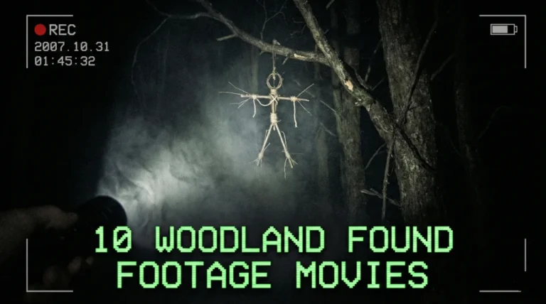 A first-person perspective horror banner mimicking a found footage aesthetic. A single flashlight beam cuts through a pitch-black forest at night, illuminating a creepy, occult stick figure hanging from a gnarled tree branch. The image includes a digital 'REC' overlay, timestamp, and grainy texture. The title "10 WOODLAND FOUND FOOTAGE MOVIES" is displayed at the bottom in a bright green, pixelated camcorder-style font.