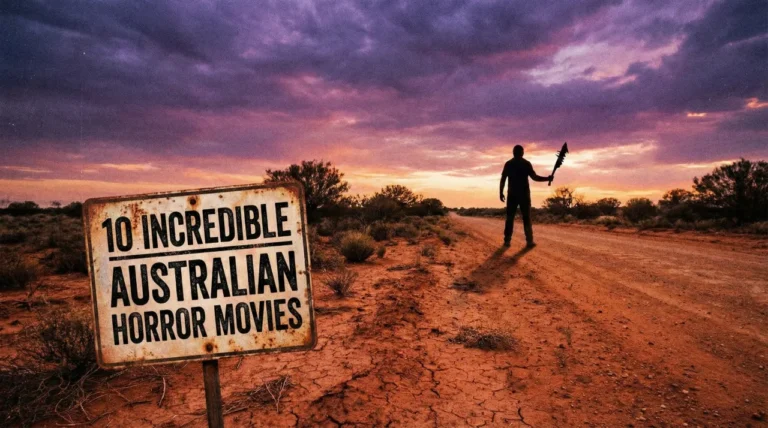 A cinematic, wide-angle shot of a desolate Australian outback road stretching toward the horizon under a bruised purple and orange twilight sky. In the foreground, a rusted, weathered metal sign features the title "10 INCREDIBLE AUSTRALIAN HORROR MOVIES" in bold, black typography. Further down the dusty dirt track, a menacing silhouette of a man stands holding a jagged, club-like weapon, casting a long shadow across the cracked red earth.