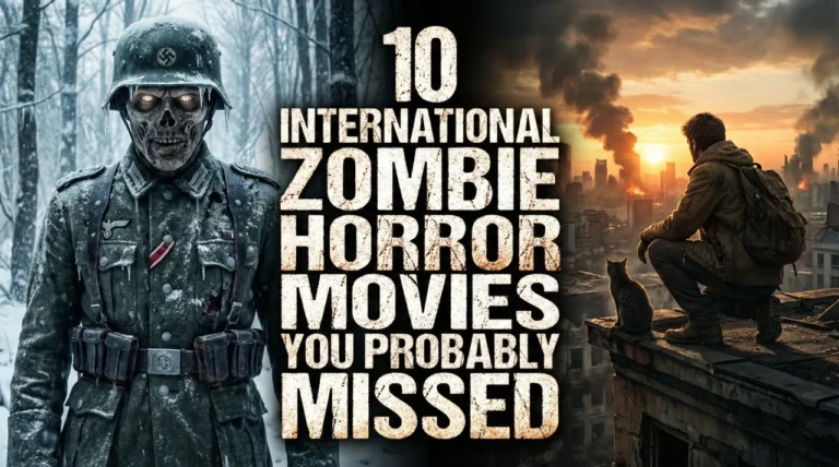 A gritty, split-screen horror banner featuring the rusty title text "10 INTERNATIONAL ZOMBIE HORROR MOVIES YOU PROBABLY MISSED" in the center. The left side depicts a frozen Nazi zombie in a snowy forest, while the right shows a survivor and a cat crouching on a rooftop overlooking a burning, ruined city.