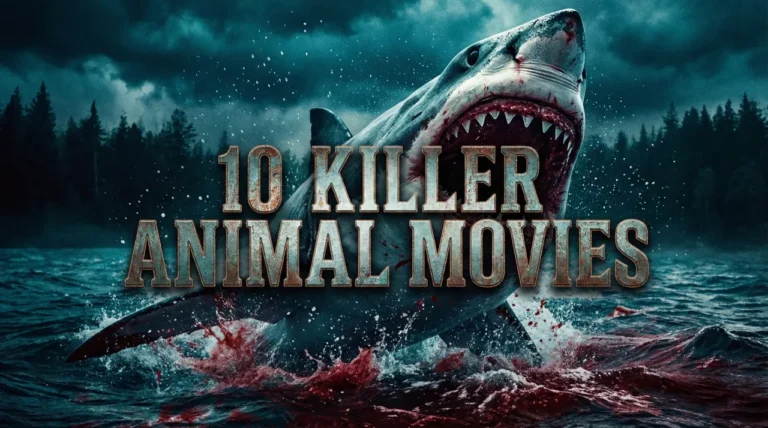 A high-contrast horror movie banner featuring a massive Great White shark breaching from dark, blood-streaked ocean water with its mouth open, revealing sharp teeth. In the background, a dense, dark forest is visible under a stormy sky. Overlaid in the center is the title "10 KILLER ANIMAL MOVIES" in a weathered, bold, metallic slab-serif font. The overall tone is menacing and gritty, with water droplets and a dark turquoise and crimson color scheme.