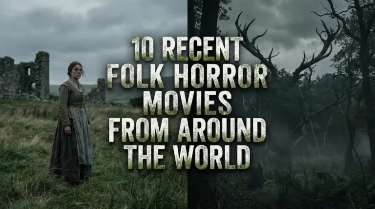 A moody, cinematic horror banner with the textured title "10 RECENT FOLK HORROR MOVIES FROM AROUND THE WORLD" centered. The left half shows a woman in historical peasant clothing standing in a desolate field next to ruined stone structures under a cloudy sky. The right half depicts a dark, atmospheric forest with gnarled, antler-like tree branches reaching towards a stormy sky, with a dark figure visible in the undergrowth.