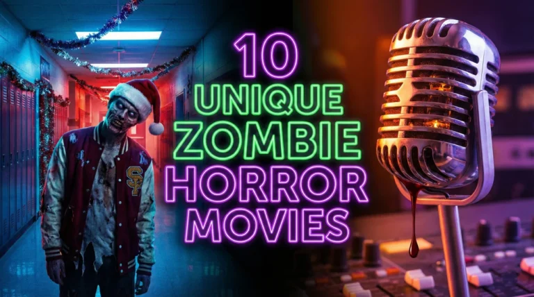 A surreal and colourful split-screen banner featuring the neon-glowing title "10 UNIQUE ZOMBIE HORROR MOVIES" in the centre. On the left, a decaying zombie wearing a red letterman jacket and a Santa hat stands in a high school hallway decorated with Christmas tinsel. On the right, a vintage studio microphone drips with thick blood over a blurred radio mixing desk, with the entire scene bathed in high-contrast purple and green neon lighting.