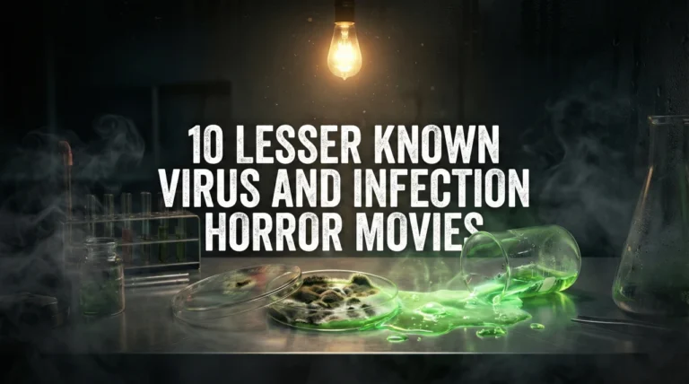 A moody, high-contrast horror banner featuring the white, distressed title "10 LESSER KNOWN VIRUS AND INFECTION HORROR MOVIES". The scene depicts a dark laboratory table illuminated by a single, dim lightbulb. On the surface, an overflowing petri dish sits next to a spill of glowing green toxic liquid, with wisps of smoke drifting through the shadows of a heavy vignette.