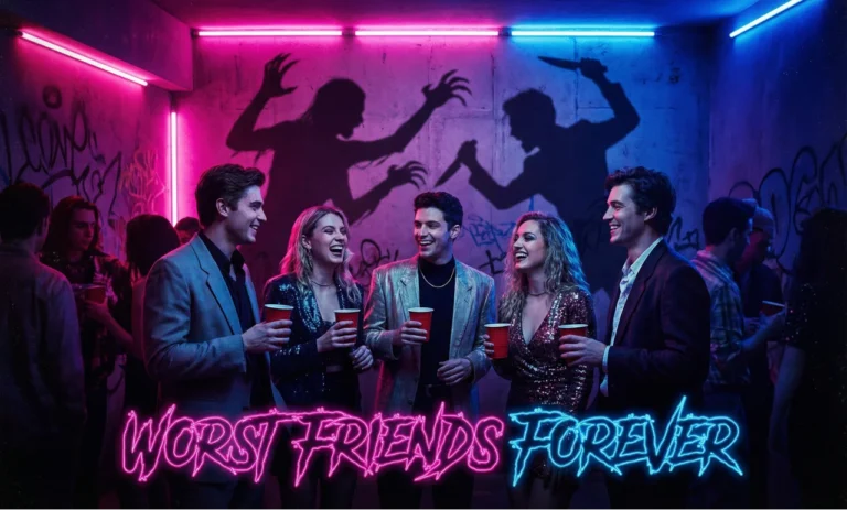 A cinematic neon-noir horror banner featuring a group of stylish young friends laughing and holding red plastic cups at a party. The scene is illuminated by vibrant pink and deep blue neon lights. On the concrete wall behind them, their shadows are projected as monstrous, distorted silhouettes with sharp claws and raised knives, creating a sharp contrast between the social atmosphere and a sense of hidden, toxic dread.