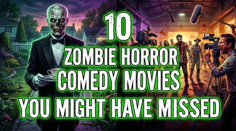 A vibrant, split-screen horror banner featuring the title "10 ZOMBIE HORROR COMEDY MOVIES YOU MIGHT HAVE MISSED" in white, distressed typography with a toxic green outline. The left side depicts a decaying zombie butler in a tuxedo serving tea in a manicured suburban garden. The right side shows a frantic, blood-spattered film crew recording a group of approaching zombies in a dark warehouse.