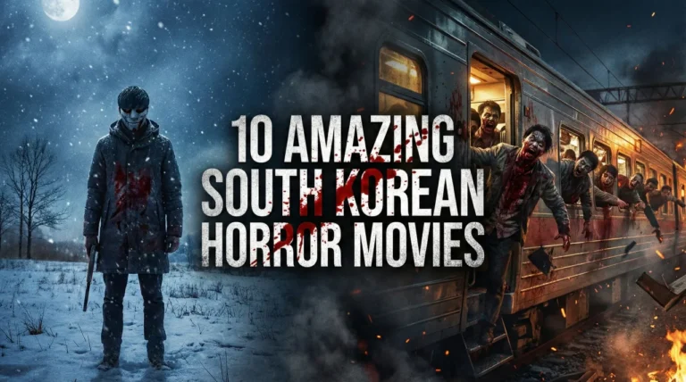 Cinematic horror banner featuring the blood-splattered title text "10 AMAZING SOUTH KOREAN HORROR MOVIES" in the center. The background is a split scene with a masked killer in a snowy landscape on the left and a horde of zombies attacking a train on the right.