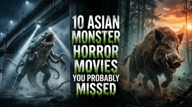 A dramatic horror banner displaying the title text "10 ASIAN MONSTER HORROR MOVIES YOU PROBABLY MISSED" in slimy green font in the center. The background is a split composition featuring a giant amphibious creature under a rainy bridge on the left and a massive wild boar charging through a forest on the right.