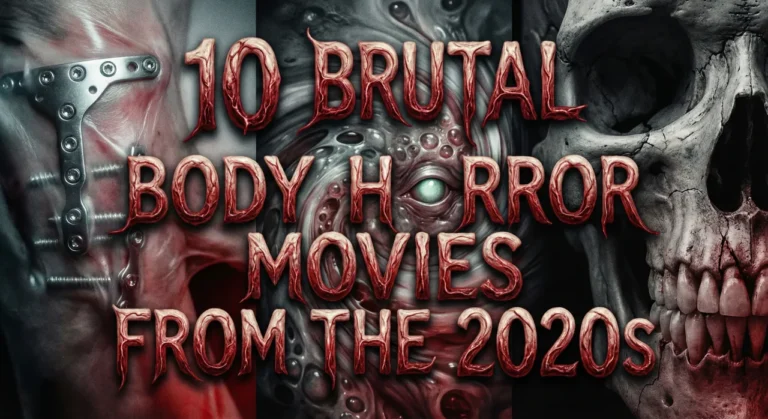 Title graphic for "10 BRUTAL BODY HORROR MOVIES FROM THE 2020S" rendered in a fleshy, gory red font. The text is superimposed over a three-part horror collage background: on the left, a metal surgical plate screwed into flesh and bone; in the center, a swirling, mutated creature with a central eye; and on the right, a human skull with teeth.
