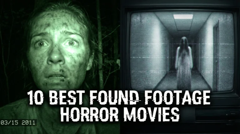 A split-screen horror banner featuring a terrified woman in night vision on the left and a ghostly figure on a static TV on the right, with the glitchy title "10 BEST FOUND FOOTAGE HORROR MOVIES" in the center.