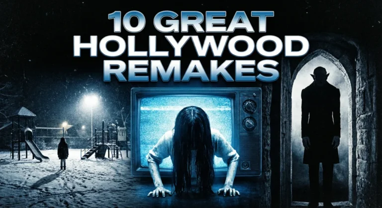 "10 GREAT HOLLYWOOD REMAKES" title graphic against a collage of three horror scenes: a girl standing in a snowy playground at night, a ghostly figure crawling out of a television screen, and a vampire silhouette standing in an archway.