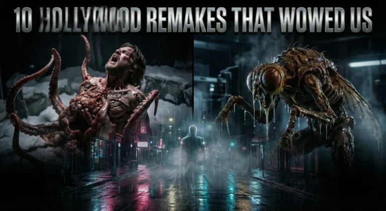 "10 HOLLYWOOD REMAKES THAT WOWED US" title text featuring a split-screen design with a mutated creature in the snow on the left, a terrifying insect-hybrid on the right, and a mysterious silhouette walking down a rainy, neon-lit street in the center.