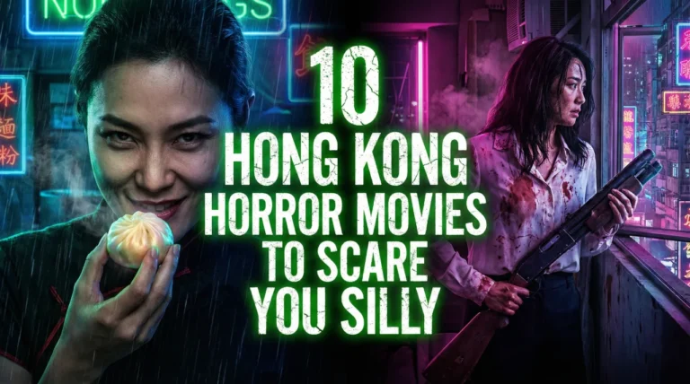 Neon-lit banner image for 10 Hong Kong Horror Movies To Scare You Silly featuring a sinister woman holding a dumpling and a blood-spattered killer.