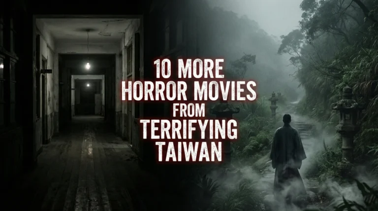 Banner image featuring the title text "10 MORE HORROR MOVIES FROM TERRIFYING TAIWAN" over a split background of a dark school hallway and a misty mountain path.