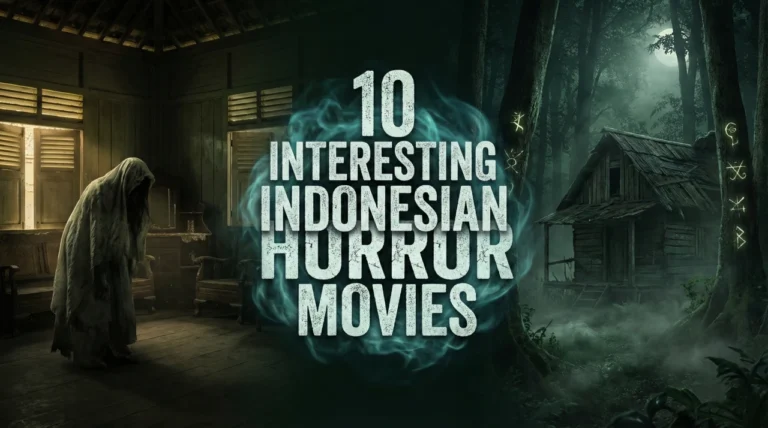 A moody, split-scene horror banner with the glowing title text "10 INTERESTING INDONESIAN HORROR MOVIES" in the center. The left side shows a shrouded figure in an old wooden room, while the right shows a moonlit cabin in a foggy forest with symbols on trees.