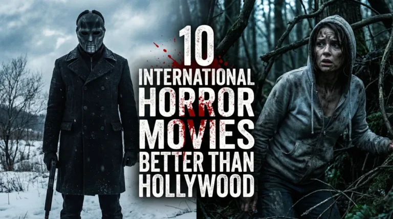 A gritty, split-screen horror banner featuring the title "10 INTERNATIONAL HORROR MOVIES BETTER THAN HOLLYWOOD". The left side shows a masked killer in a snowy landscape, while the right depicts a terrified woman hiding in the woods.