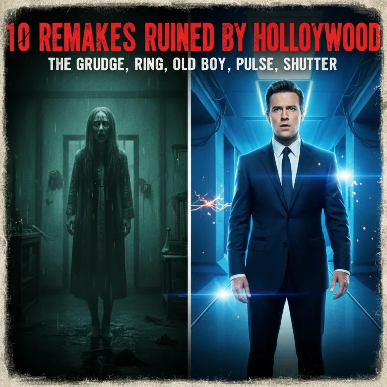 A cinematic horror list cover titled "10 REMAKES RUINED BY HOLLYWOOD," featuring a split-screen comparison of a haunting original film scene and its glossy Hollywood remake.