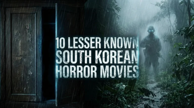Cinematic banner image for 10 Lesser Known South Korean Horror Movies featuring a split background of a dark, slightly ajar wardrobe and a ghostly soldier standing in a misty jungle.