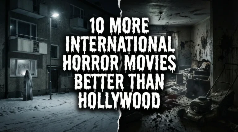 A cinematic split-screen website banner featuring the title "10 MORE INTERNATIONAL HORROR MOVIES BETTER THAN HOLLYWOOD" in dripping white text. The background contrasts a snowy, atmospheric street scene with a vampire child on the left against a chaotic, gore-splattered room featuring a lawnmower on the right.