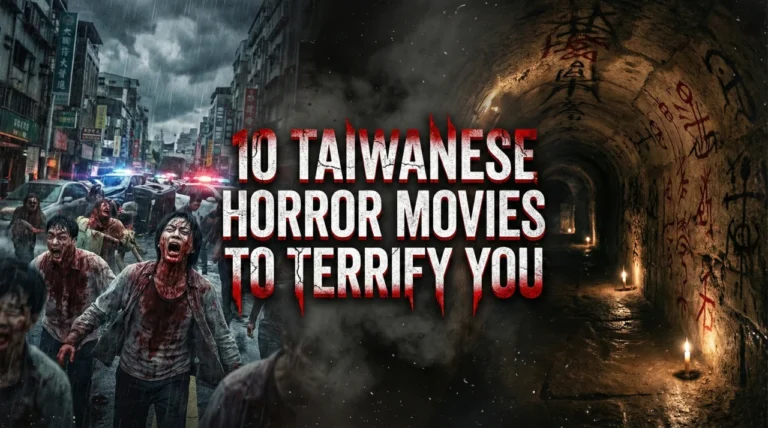 A split-screen horror movie banner with the title "10 TAIWANESE HORROR MOVIES TO TERRIFY YOU" in the center, featuring a rainy city street filled with zombies on the left and a dark, candlelit tunnel with symbols on the right.