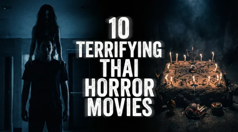 A moody horror banner featuring the title text "10 TERRIFYING THAI HORROR MOVIES" in the center. The left side depicts a ghostly figure on a man's shoulders, while the right shows a dark, candlelit ritual altar with occult symbols.