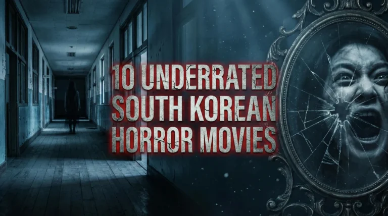 A moody horror banner featuring the title "10 UNDERRATED SOUTH KOREAN HORROR MOVIES" in the center. The left side shows a shadowy figure in a long school corridor, while the right depicts a cracked mirror reflecting a screaming, distorted face.
