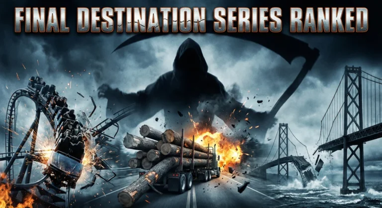 "FINAL DESTINATION SERIES RANKED" title text centered over a dark, chaotic collage featuring a looming shadow of the Grim Reaper behind a derailing rollercoaster, a logging truck spilling its load, and a collapsing suspension bridge.