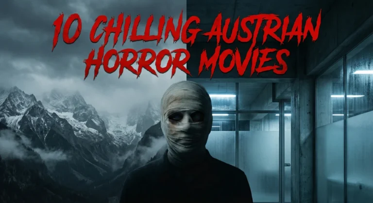 Cinematic cover art for a horror movie list. The background is split between misty Alpine mountains and a sterile modern room. A creepy figure with a bandaged face stands in the center. Large red text reads: 10 CHILLING AUSTRIAN HORROR MOVIES.