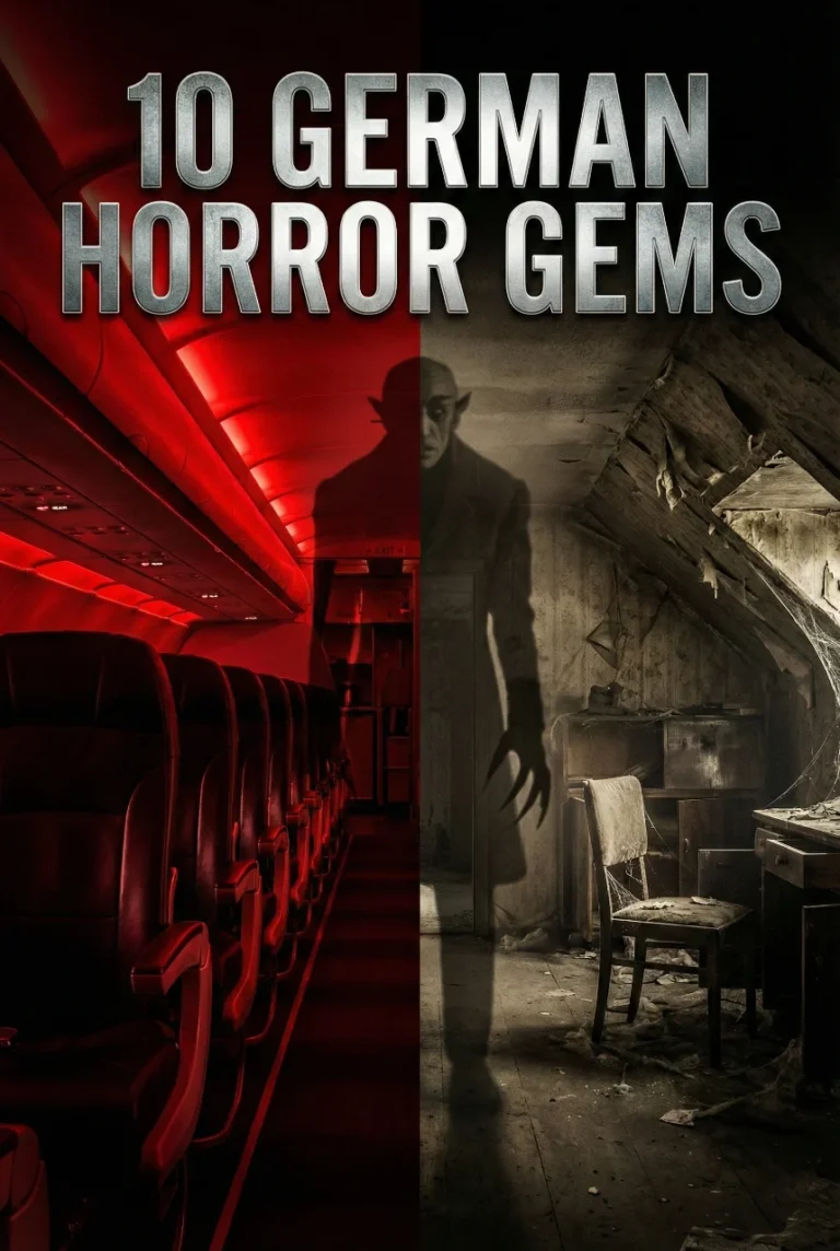 "10 GERMAN HORROR GEMS" title text on a split-screen poster featuring a blood-red airplane cabin on the left and a decaying attic on the right, with the shadowy silhouette of Count Orlok looming in the center.
