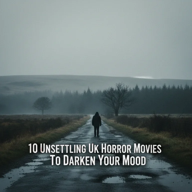 Bleak and atmospheric British landscape with a hooded silhouette on a rainy road, featuring the title: 10 Unsettling UK Horror Movies To Darken Your Mood