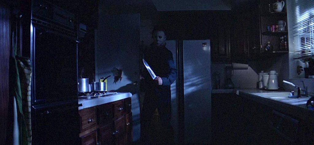A screenshot from slasher movie Halloween (1978)