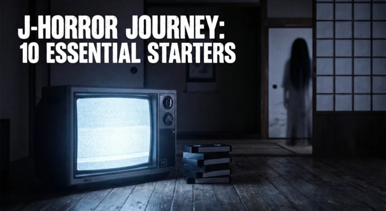 J-HORROR JOURNEY: 10 ESSENTIAL STARTERS title graphic featuring a glowing vintage CRT TV, a stack of VHS tapes, and a ghostly figure standing in the shadows of a traditional Japanese room.