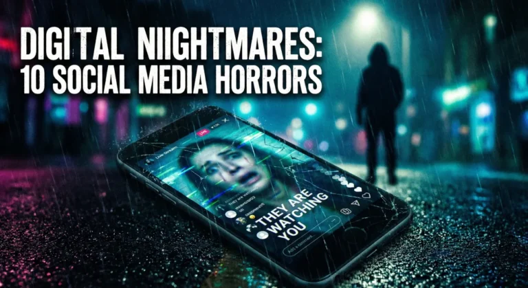 DIGITAL NIGHTMARES: 10 SOCIAL MEDIA HORRORS title text over a close-up of a cracked smartphone on wet asphalt at night, displaying a live stream with a scared face and the words "THEY ARE WATCHING YOU," with a hooded figure in the blurred background.